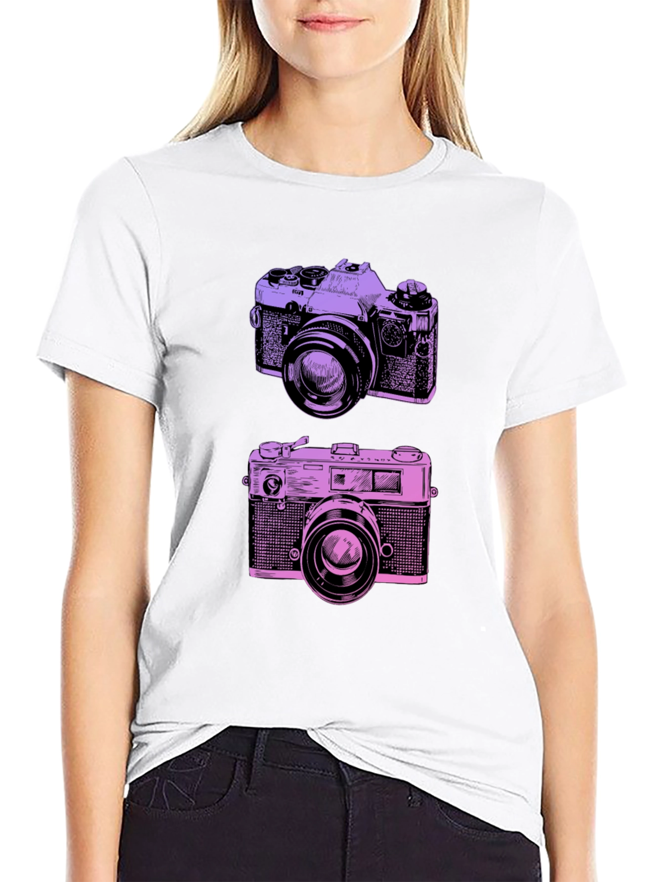 Retro Camera Print Black T-Shirt