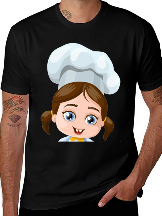 Chef Girl Cartoon Black T-Shirt