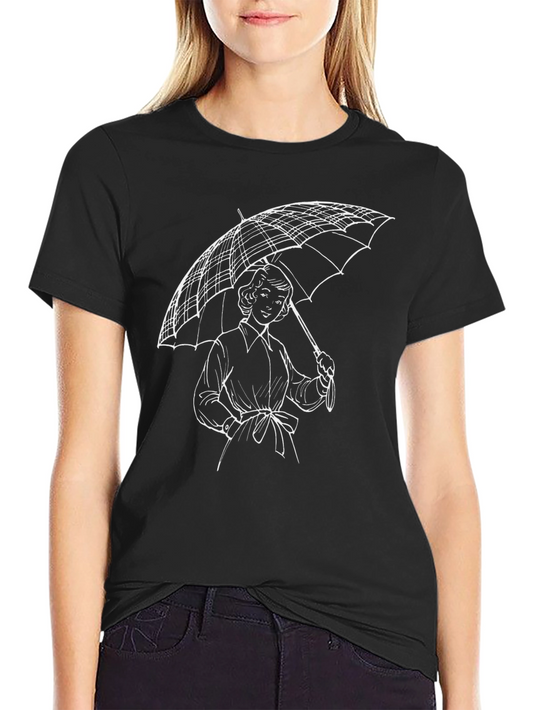 Woman with Umbrella Graphic Tee - Stylish Black T-Shirt