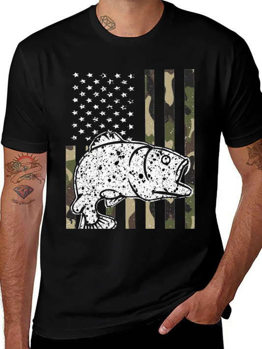 American Flag Camo Fish Graphic Tee - Black
