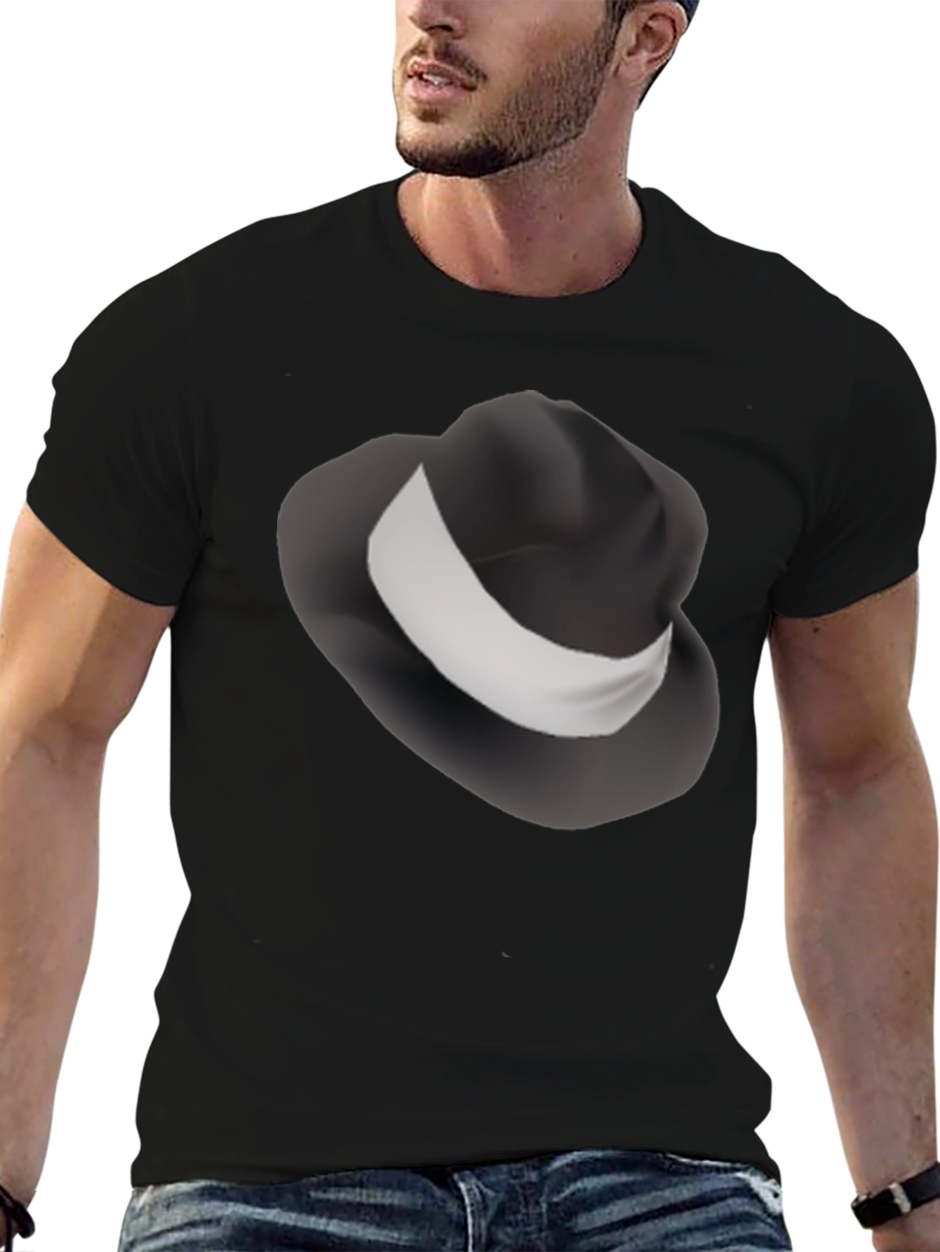 Mens Black T-Shirt with Fedora Hat Design