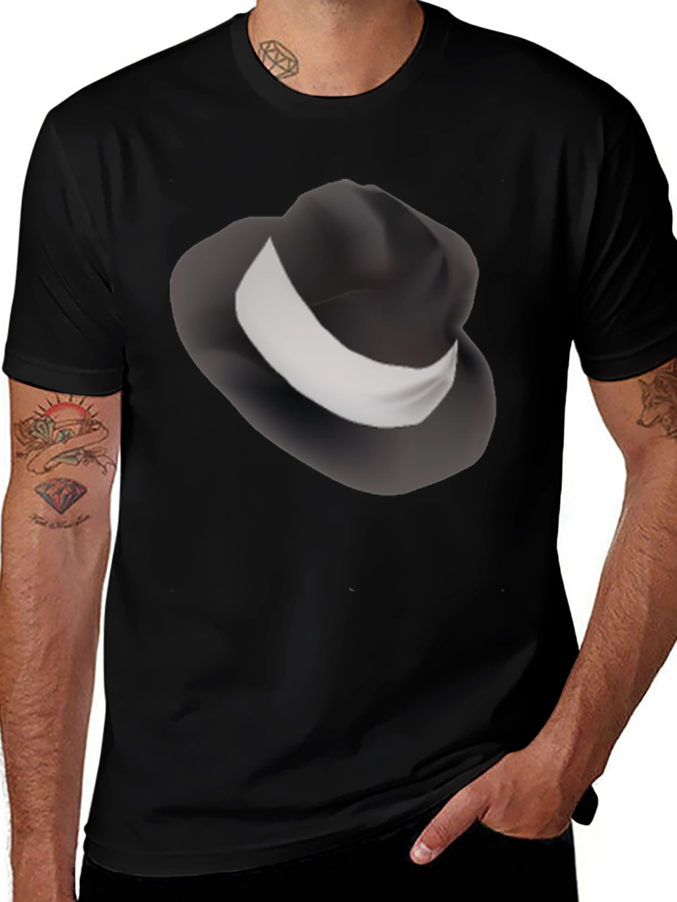 Mens Black T-Shirt with Fedora Hat Design