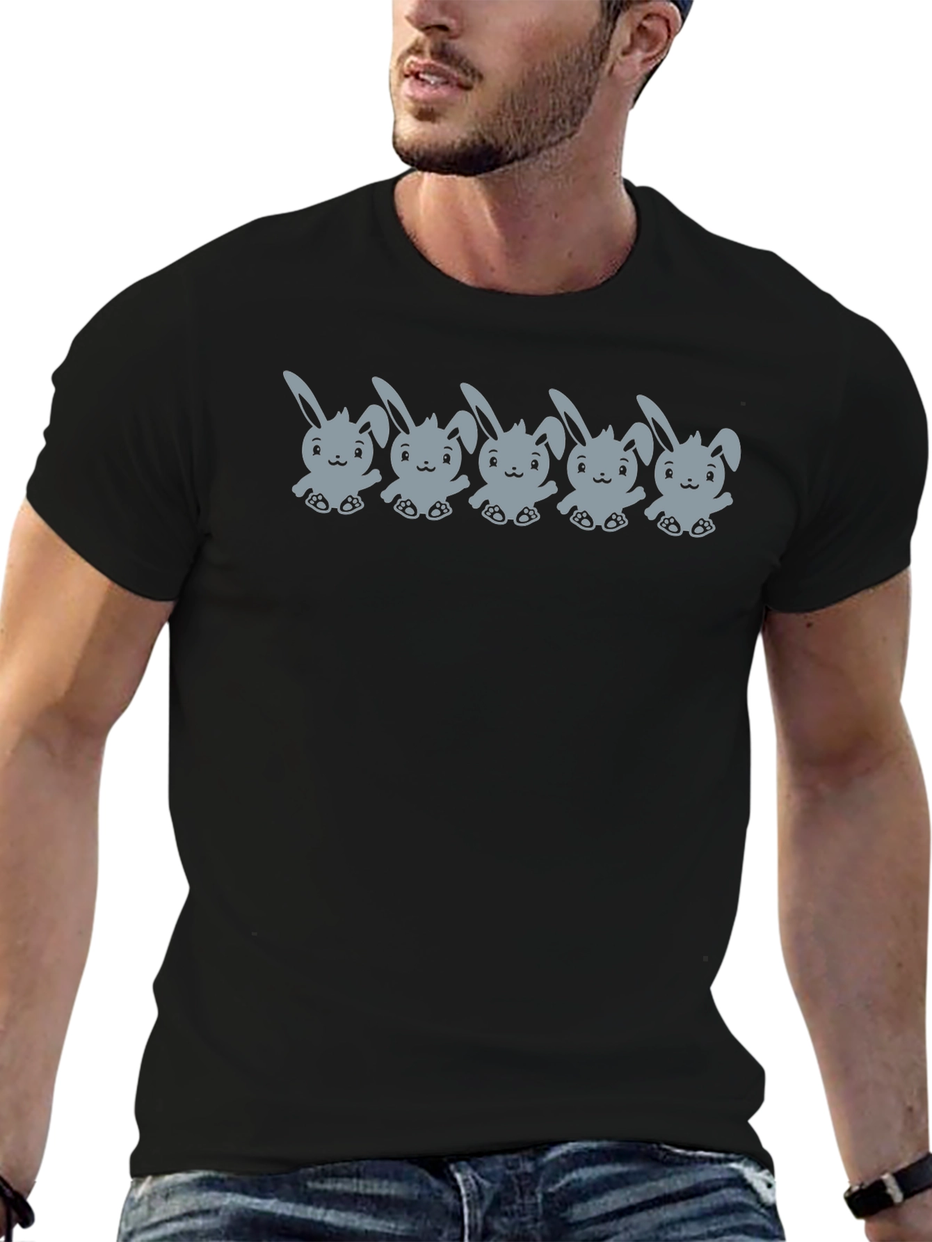 Cute Bunny Print Black T-Shirt