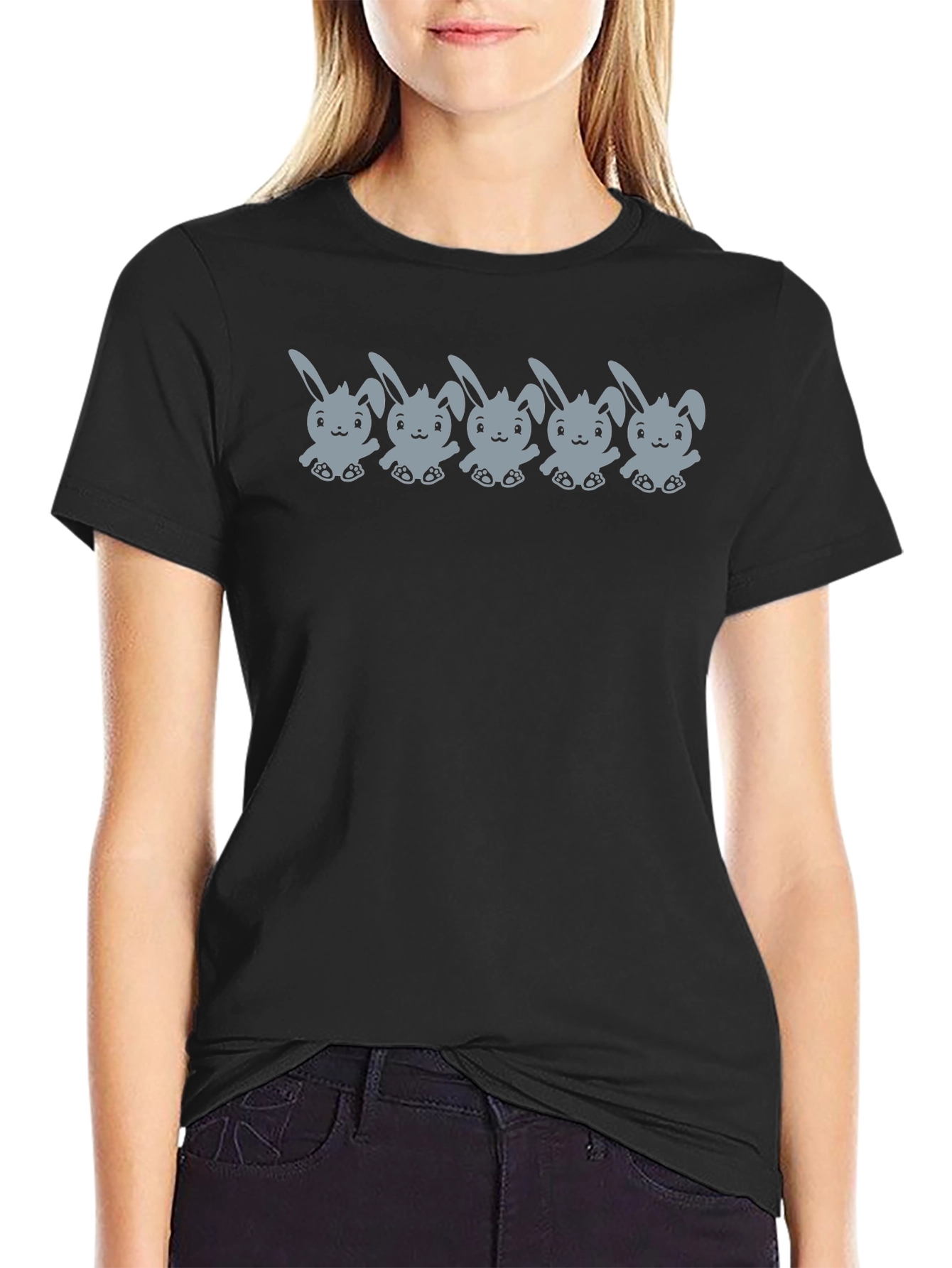 Cute Bunny Print Black T-Shirt