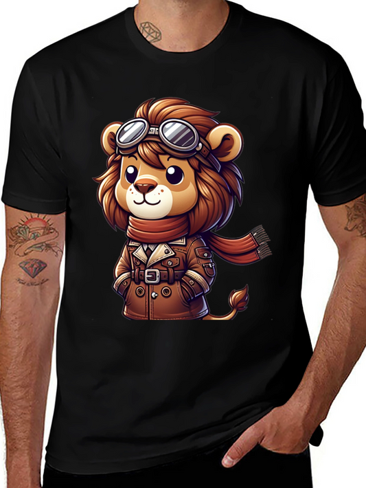Cartoon Lion Aviator Graphic Tee - Black