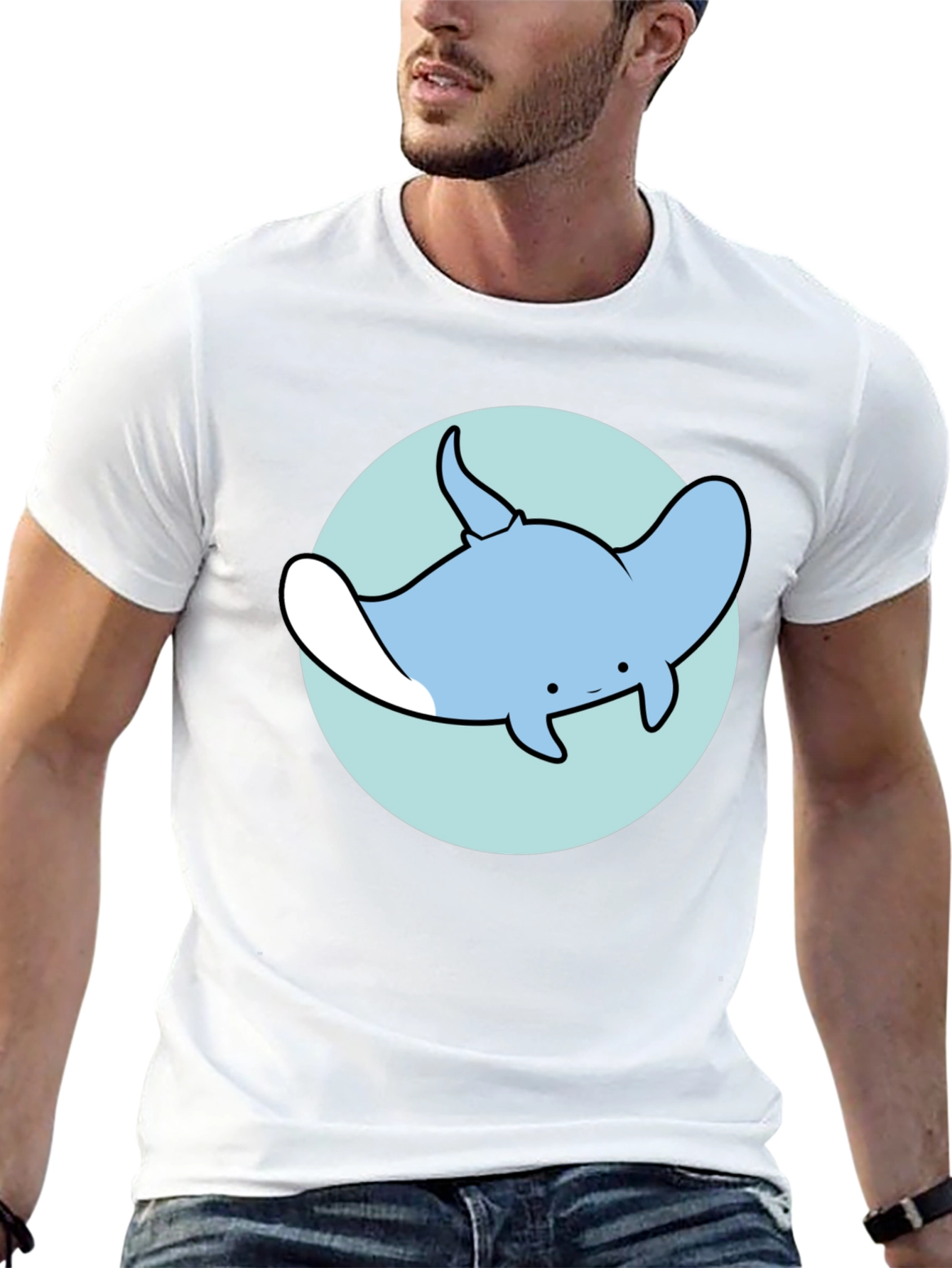 Cartoon Manta Ray Graphic Tee - Casual Black T-Shirt