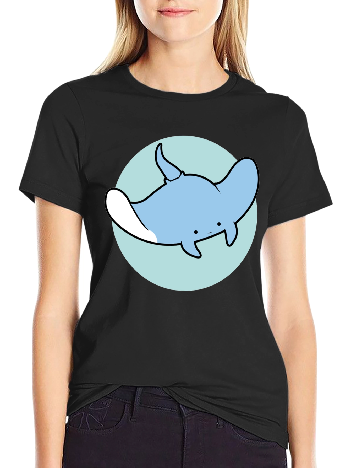 Cartoon Manta Ray Graphic Tee - Casual Black T-Shirt