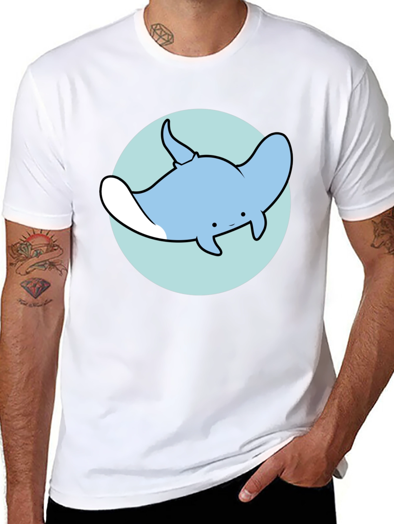 Cartoon Manta Ray Graphic Tee - Casual Black T-Shirt