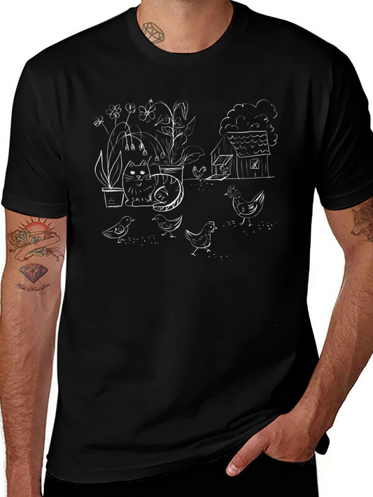 Quirky Cat & Chicken Sketch Black T-Shirt