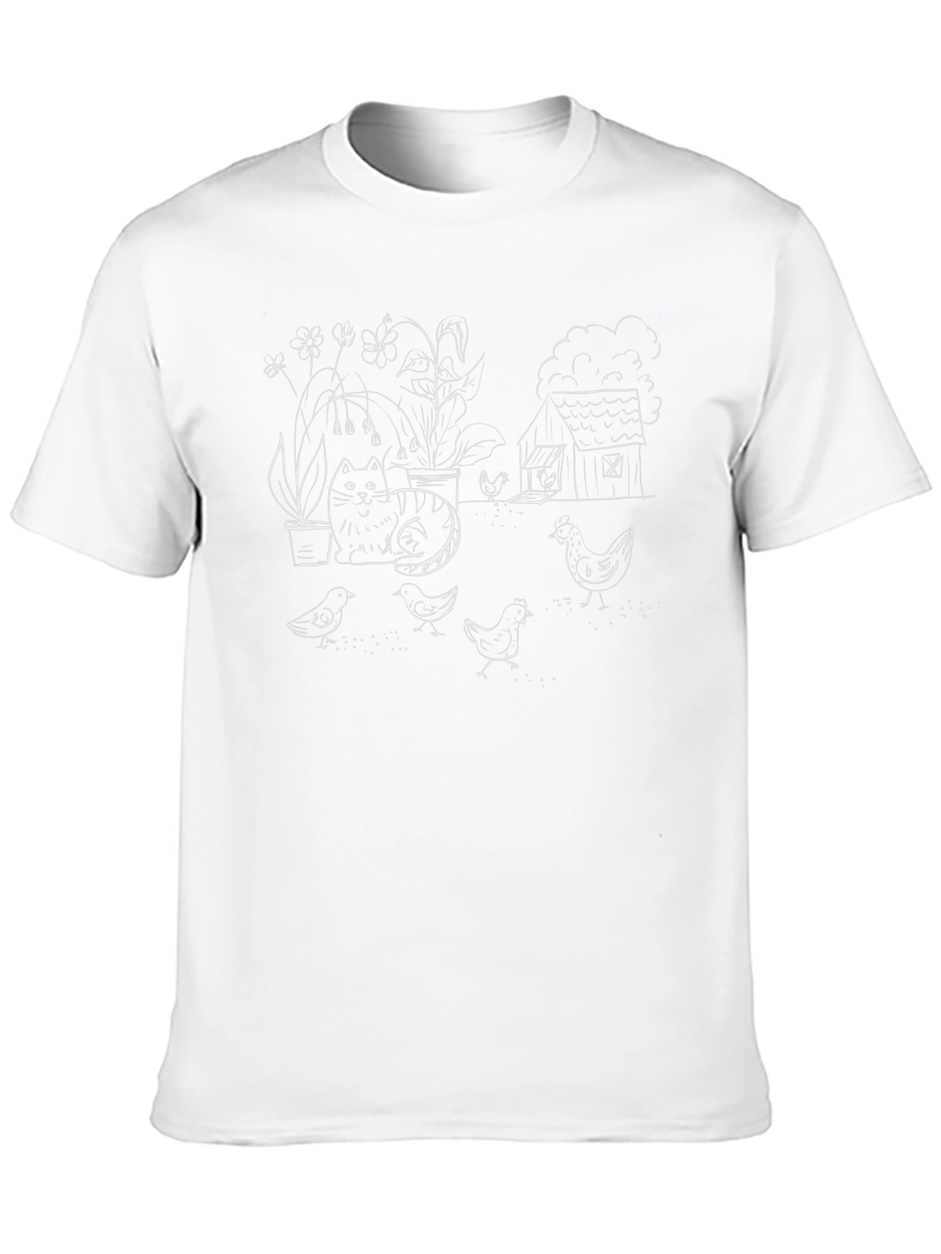Quirky Cat & Chicken Sketch Black T-Shirt