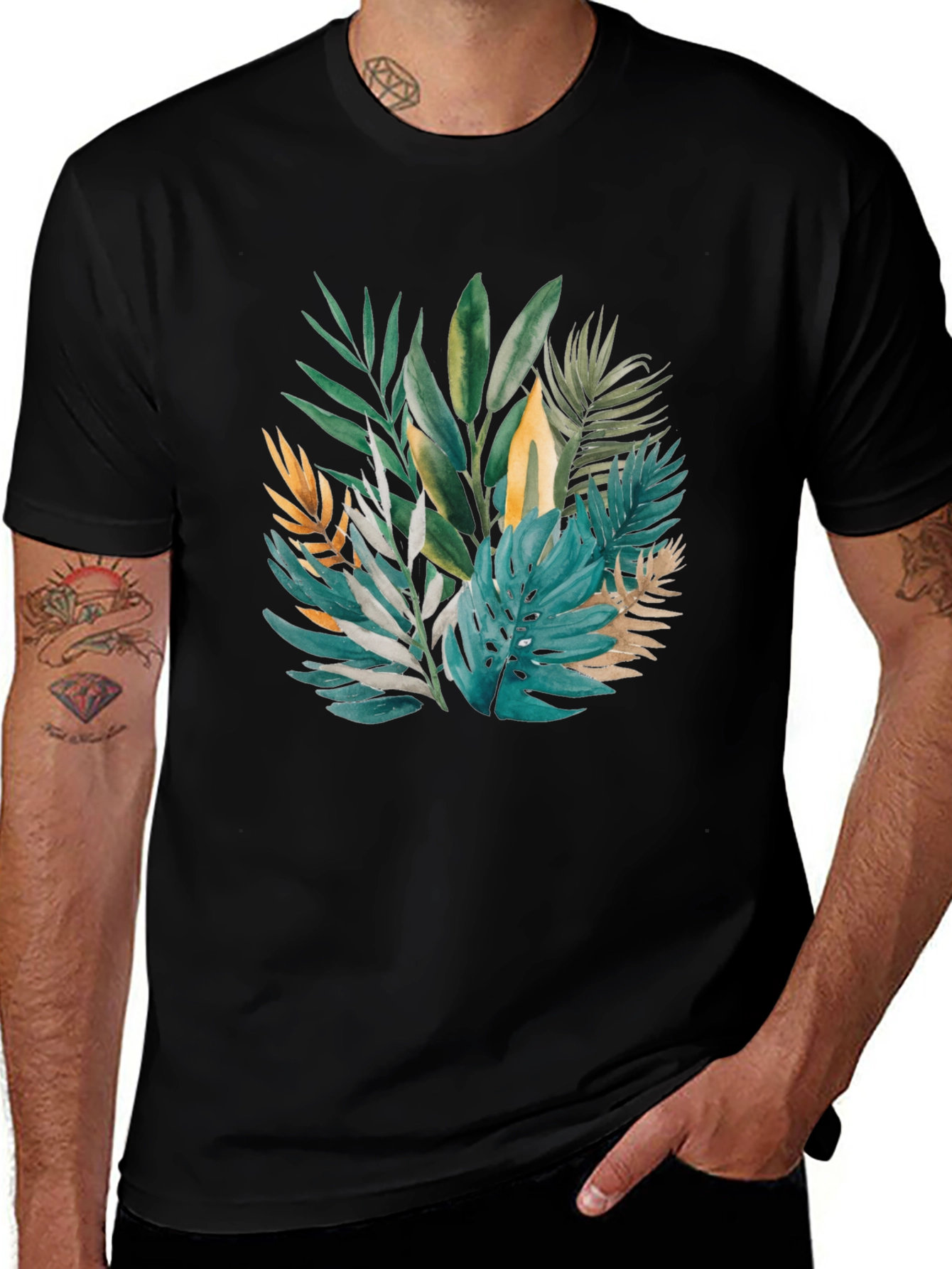 Tropical Leaves Print Black T-Shirt
