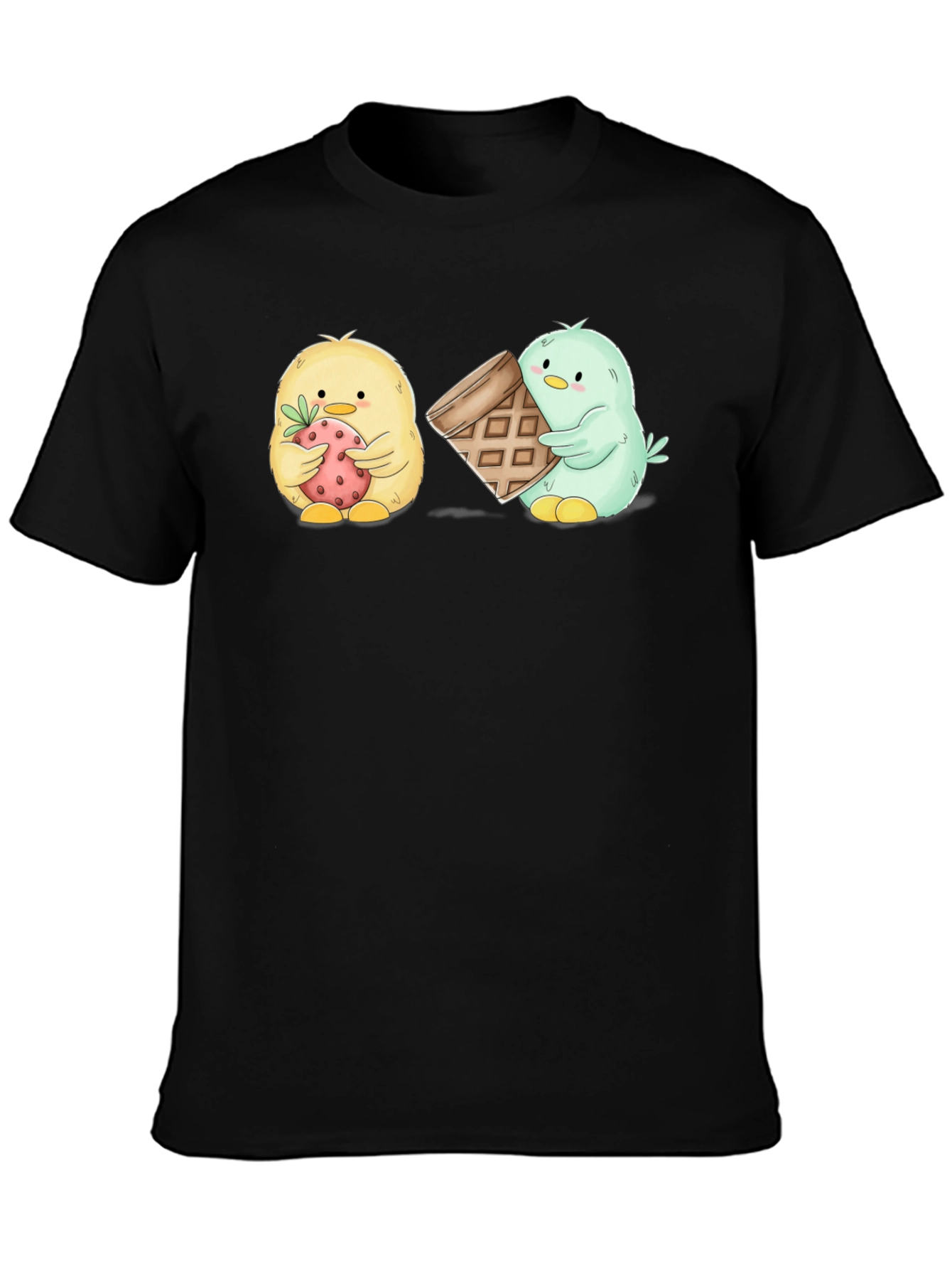 Cute Cartoon Chick T-Shirt with Strawberry & Waffle