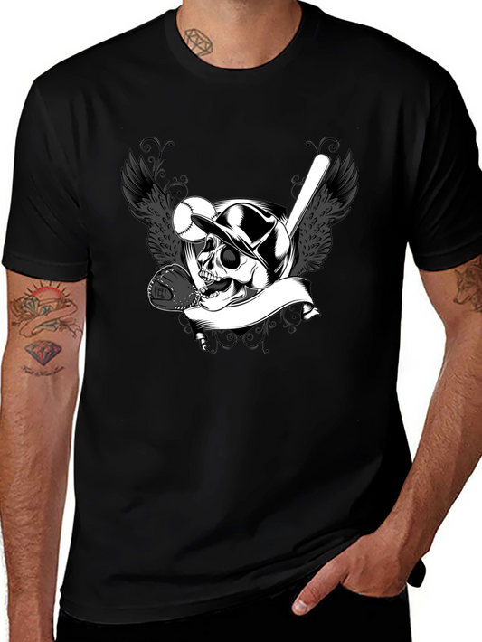 Baseball Skull Graphic Tee - Black Cotton T-Shirt
