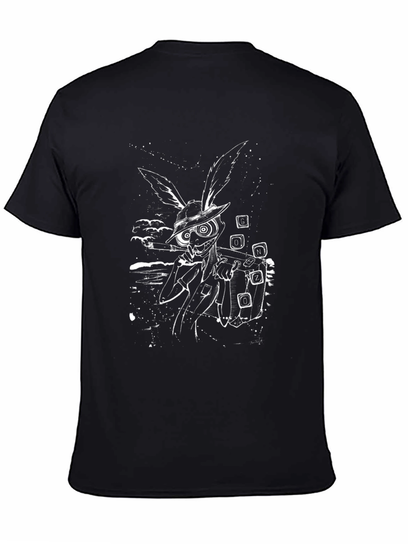 Mens Black T-Shirt with Cartoon Rabbit Graphic