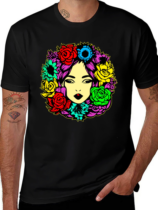 Floral Woman Graphic Tee - Vibrant Colors Soft Cotton