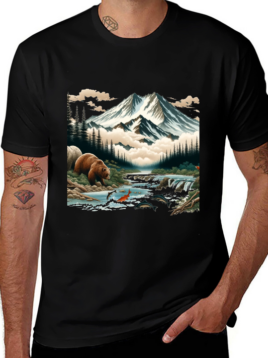 Nature Bear & Mountain Graphic Tee - Black