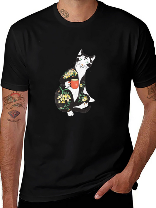 Floral Cat Black T-Shirt - Unique Graphic Tee