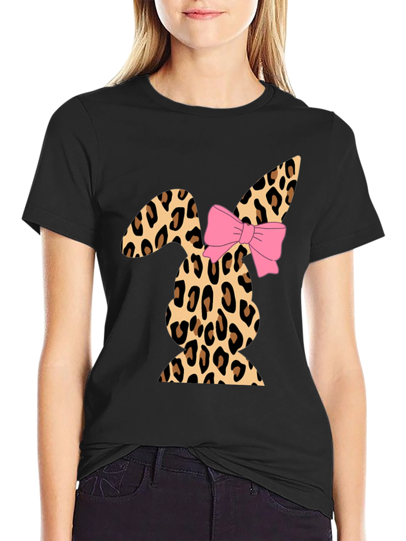 Leopard Print Easter Bunny T-Shirt with Bow