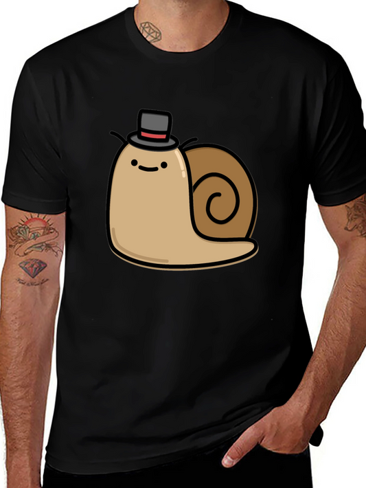 Funny Snail with Top Hat Graphic Tee - Black Cotton T-Shirt