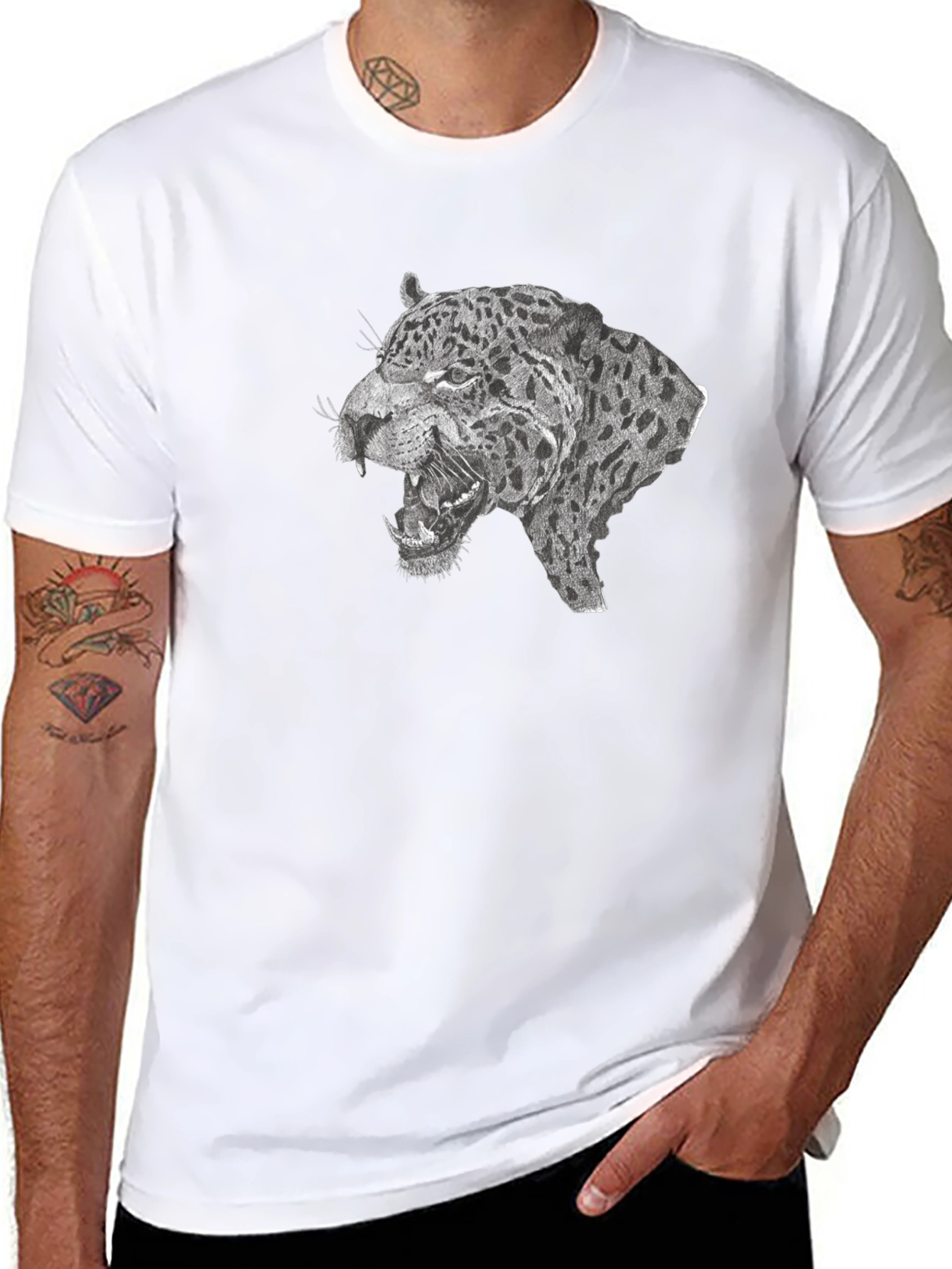 Black T-Shirt with Roaring Leopard Graphic