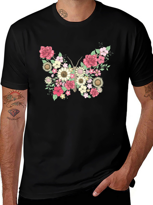 Floral Butterfly Graphic Tee - Black Cotton Casual T-Shirt