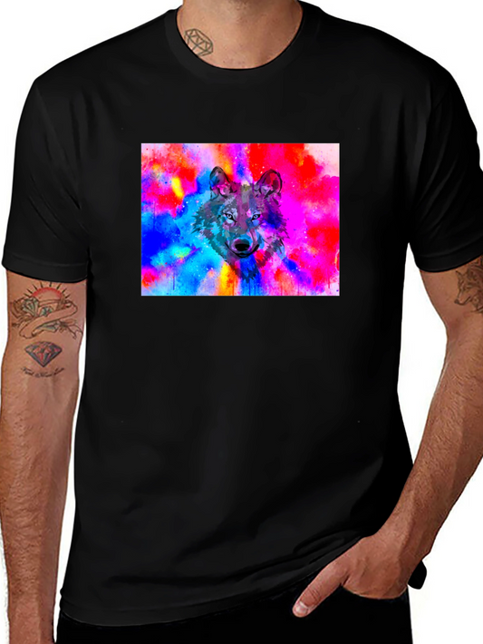 Colorful Wolf Print Black T-Shirt