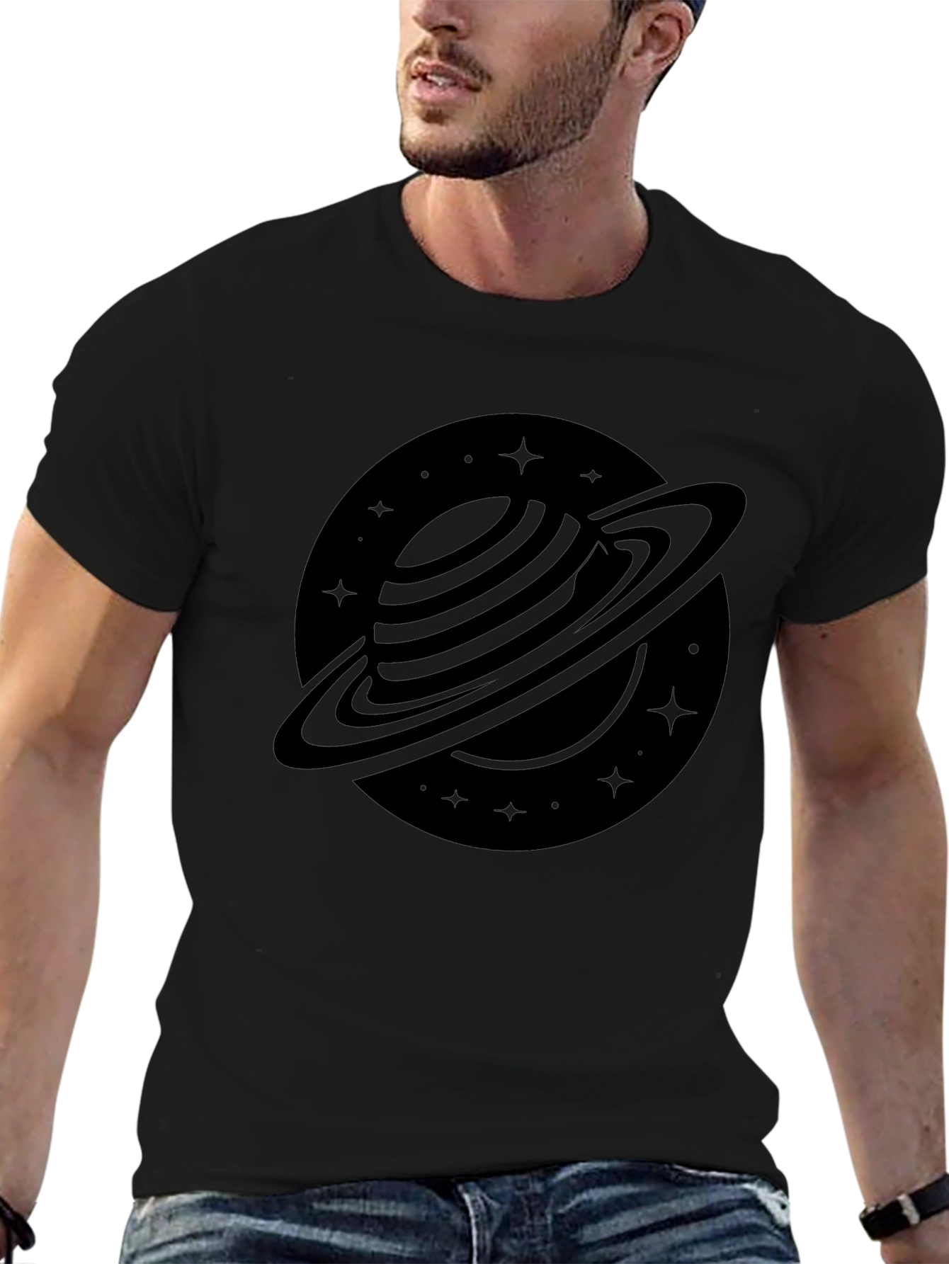 Stylish Black Saturn Graphic Tee - Outer Space Design