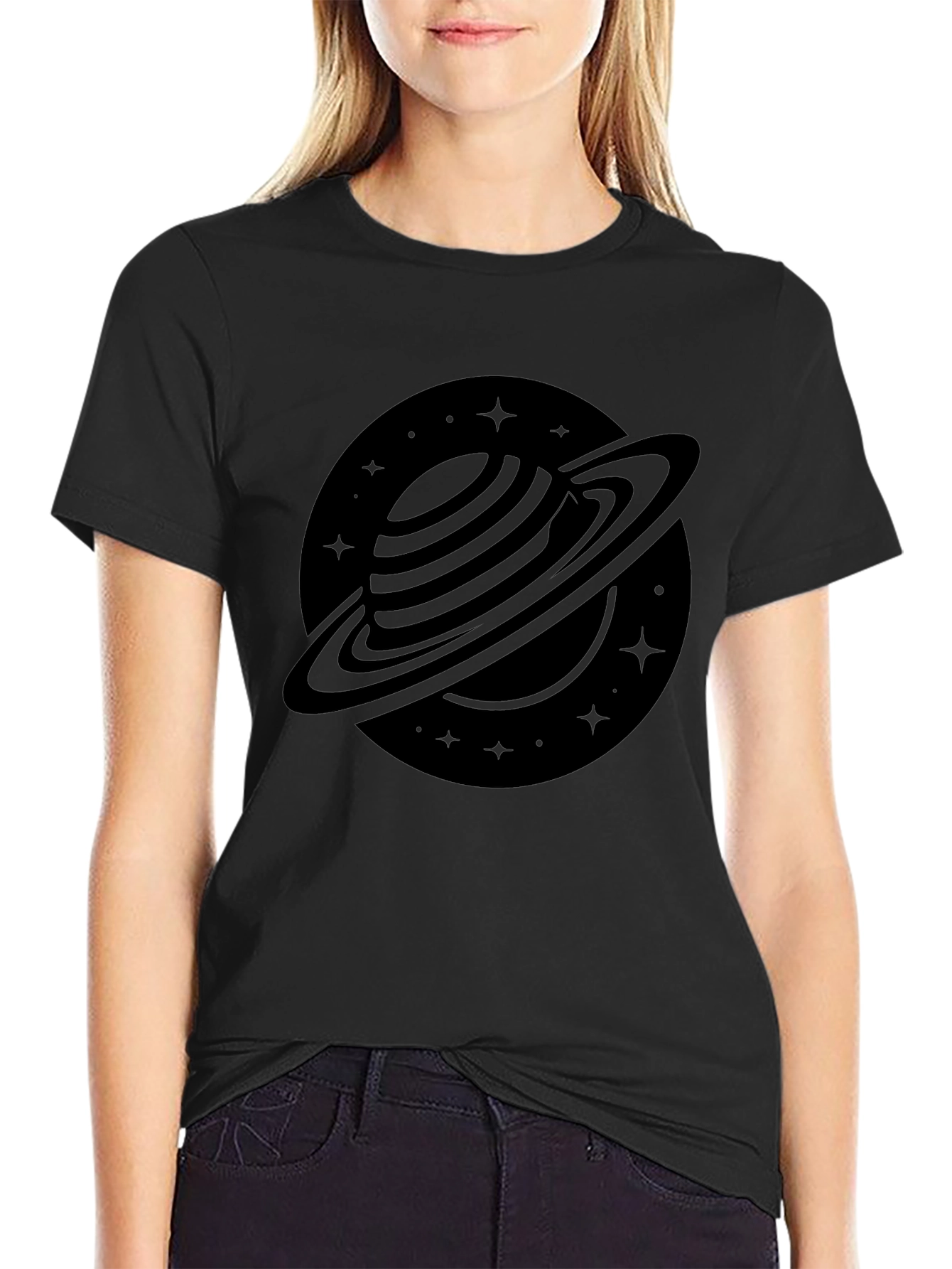 Stylish Black Saturn Graphic Tee - Outer Space Design