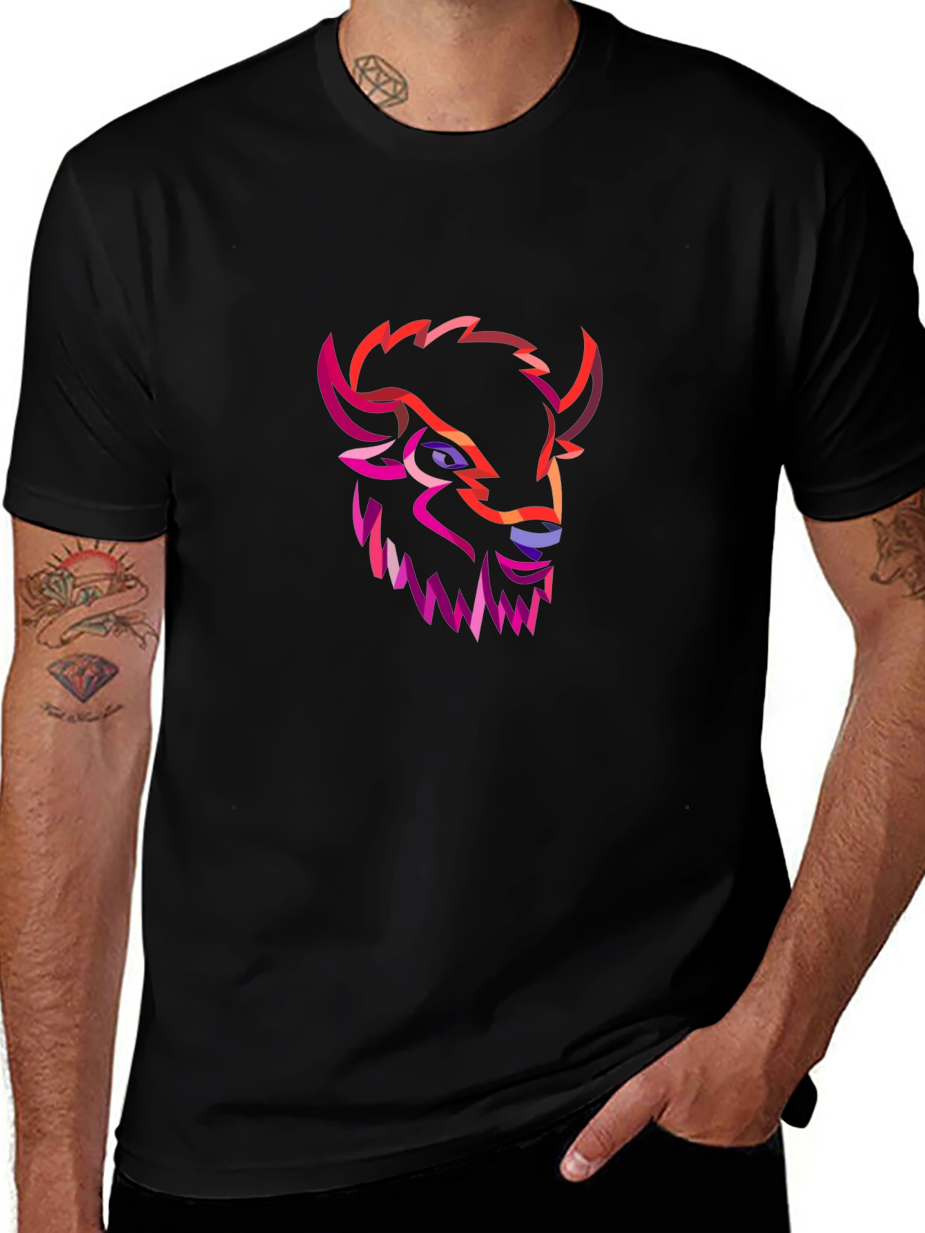 Geometric Buffalo Head Graphic Tee - Black