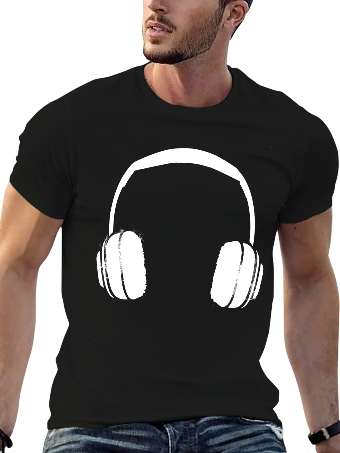 Headphone Graphic Tee - Black Cotton Casual Shirt