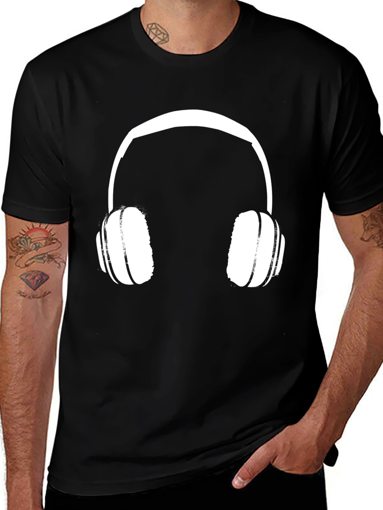 Headphone Graphic Tee - Black Cotton Casual Shirt