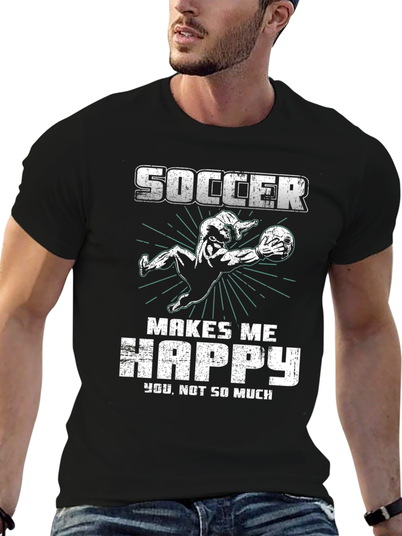 Soccer Makes Me Happy Black Graphic T-Shirt