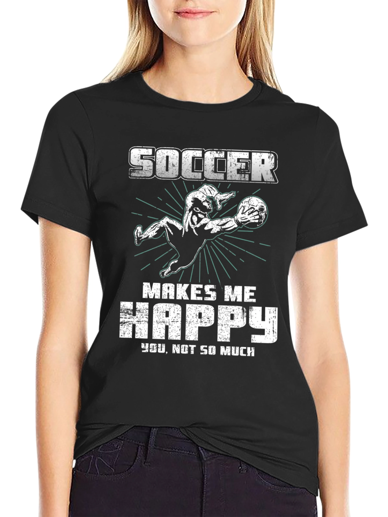Soccer Makes Me Happy Black Graphic T-Shirt