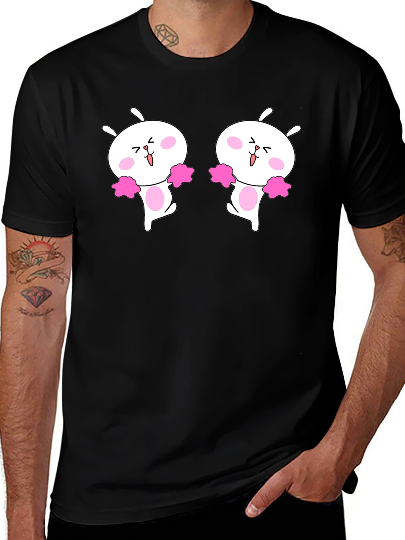 Cute Cheerleader Bunny Graphic Black T-Shirt