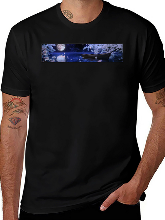 Moonlit Boat Graphic T-Shirt - Elegant Night Scene