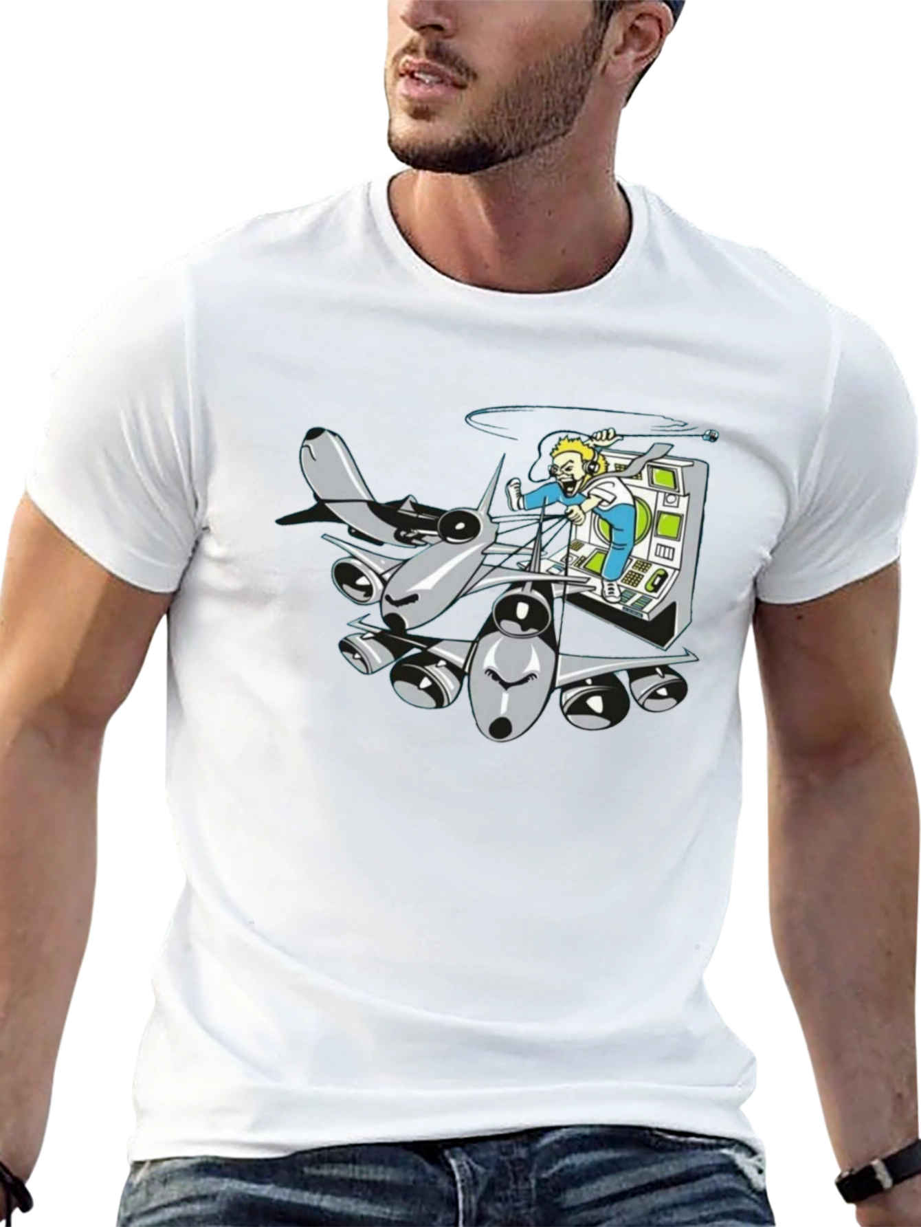 Cartoon Plane Pilot Black T-Shirt
