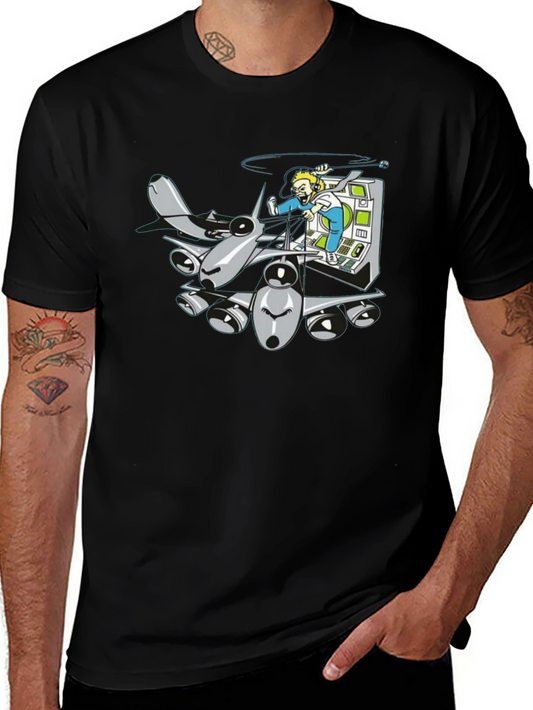 Cartoon Plane Pilot Black T-Shirt