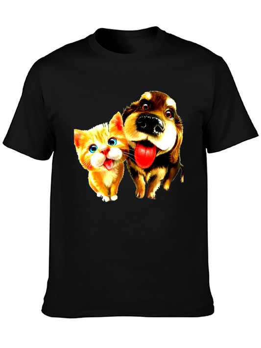 Dog & Cat Cartoon Graphic Black T-Shirt
