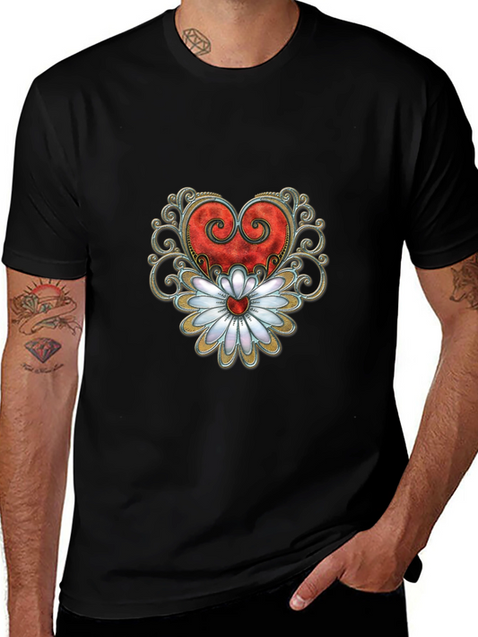 Heart & Flower Graphic Tee - Stylish Black T-Shirt