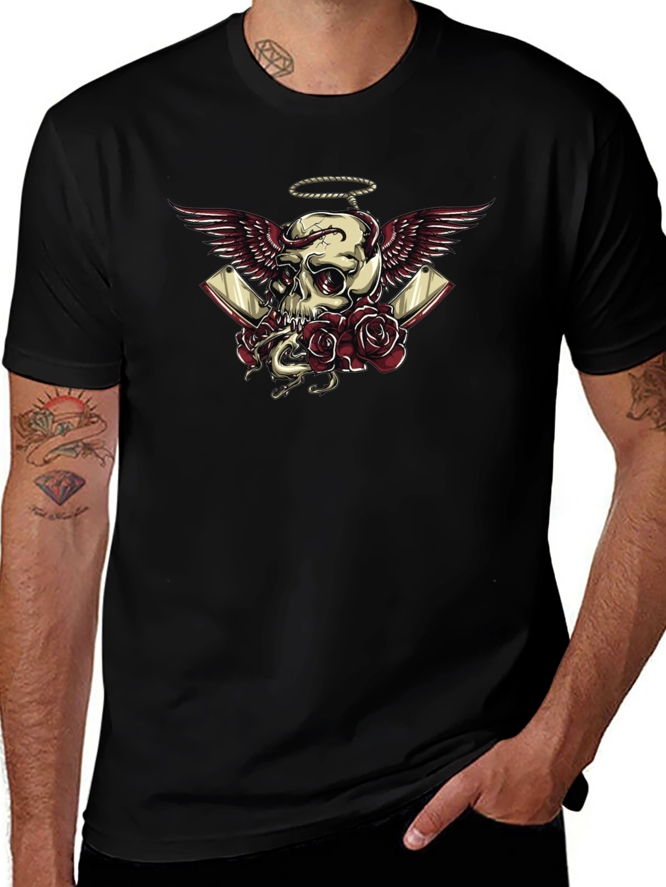 Skull Wings Roses Graphic Tee - Dark Humor