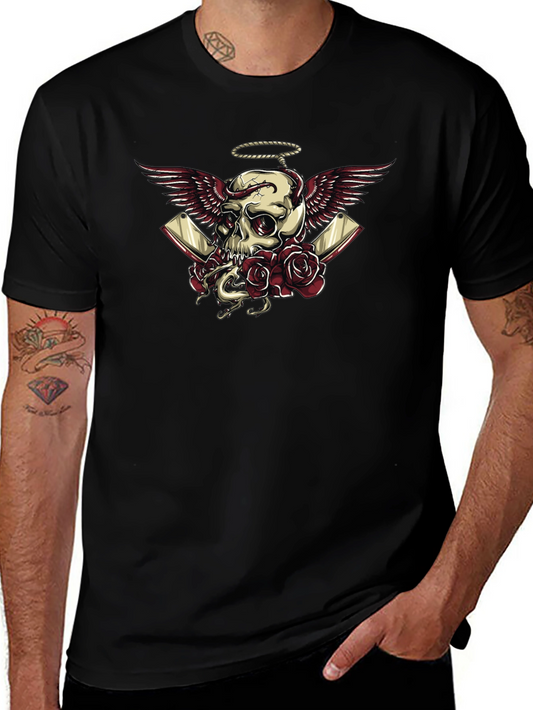 Skull Wings Roses Graphic Tee - Dark Humor