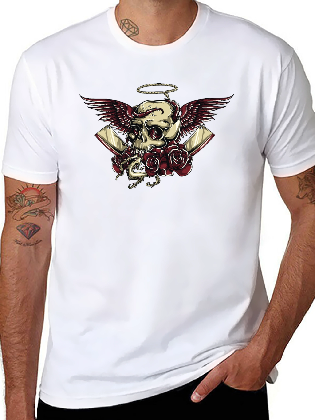 Skull Wings Roses Graphic Tee - Dark Humor