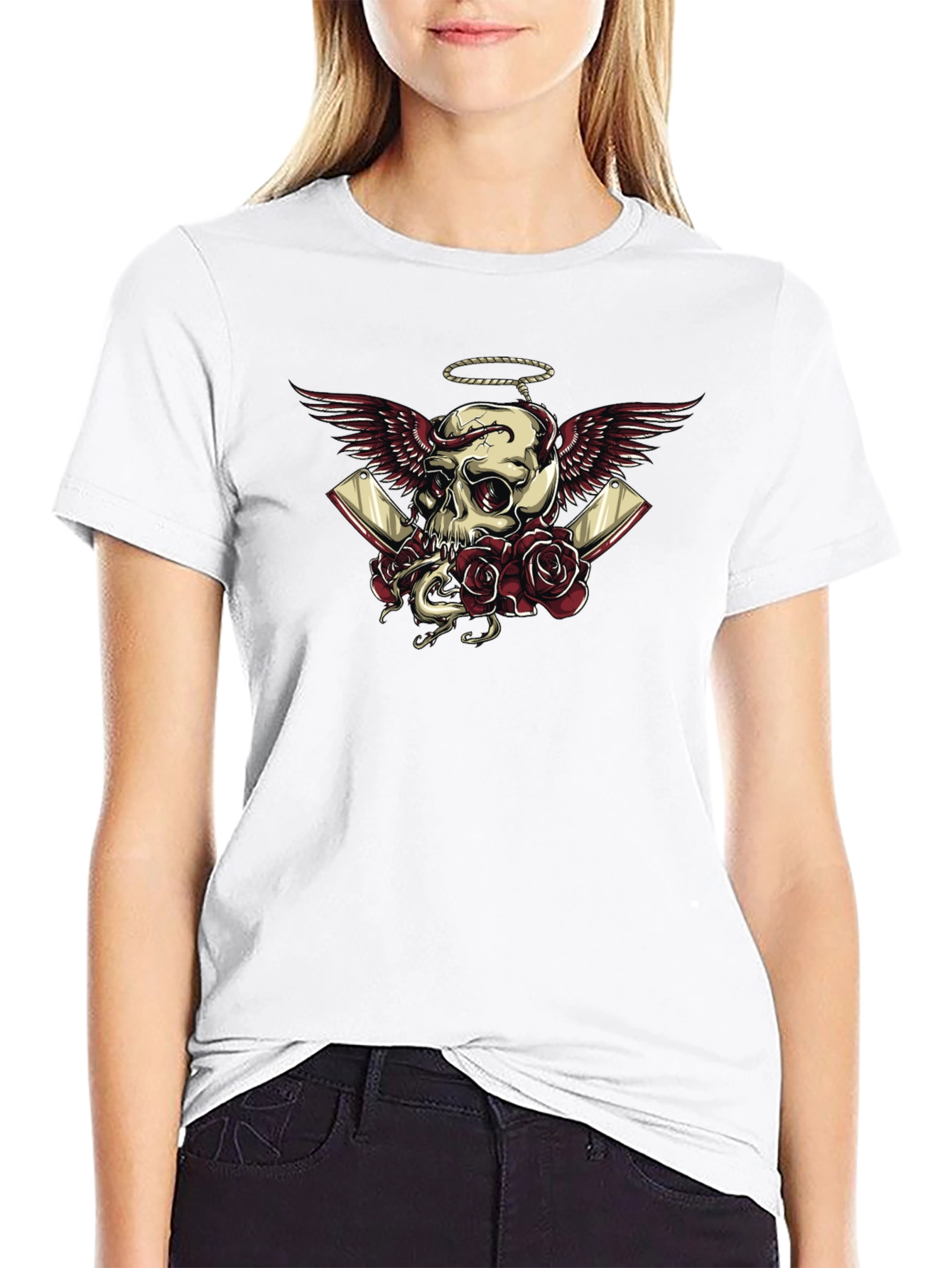 Skull Wings Roses Graphic Tee - Dark Humor
