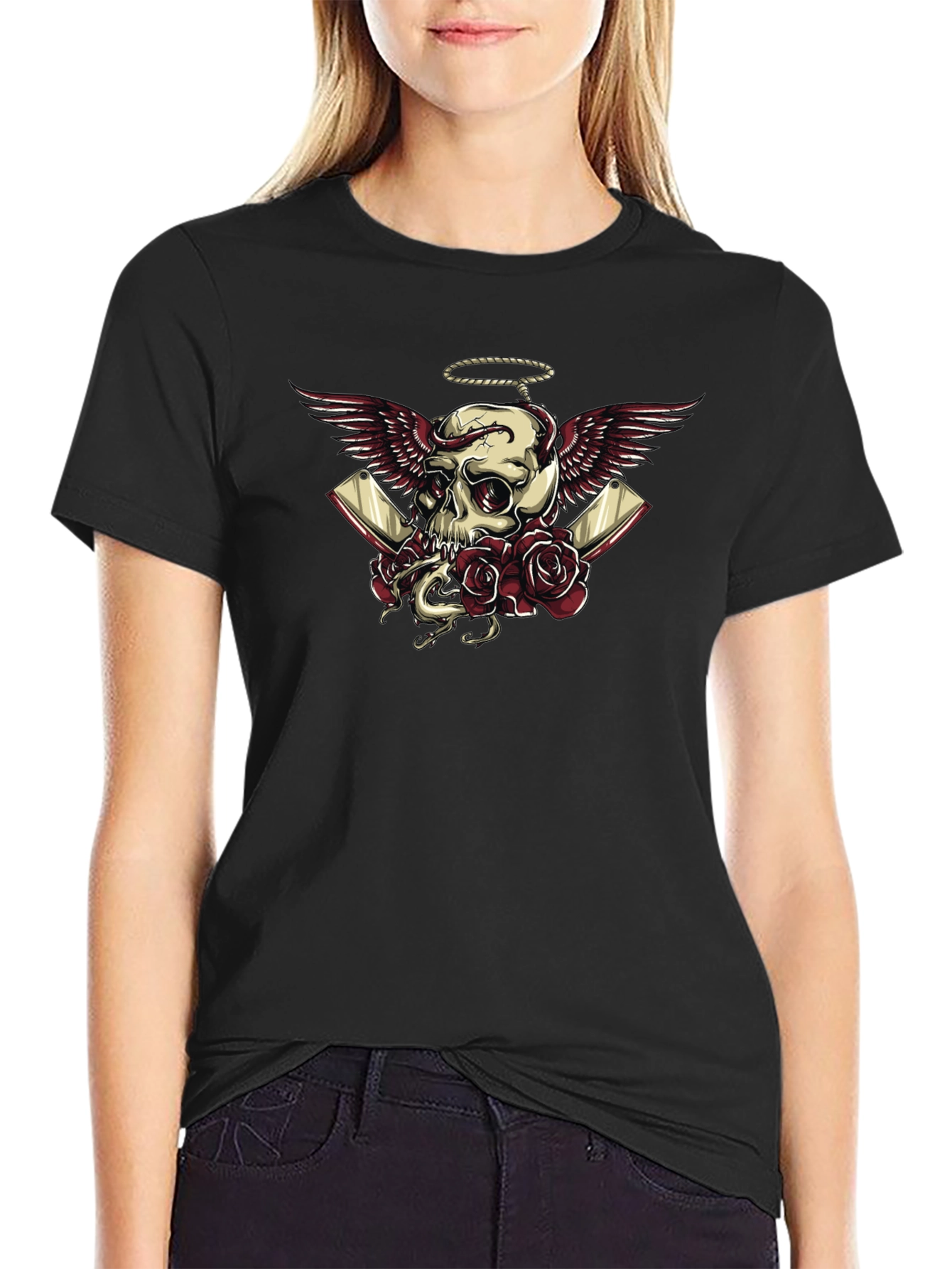 Skull Wings Roses Graphic Tee - Dark Humor