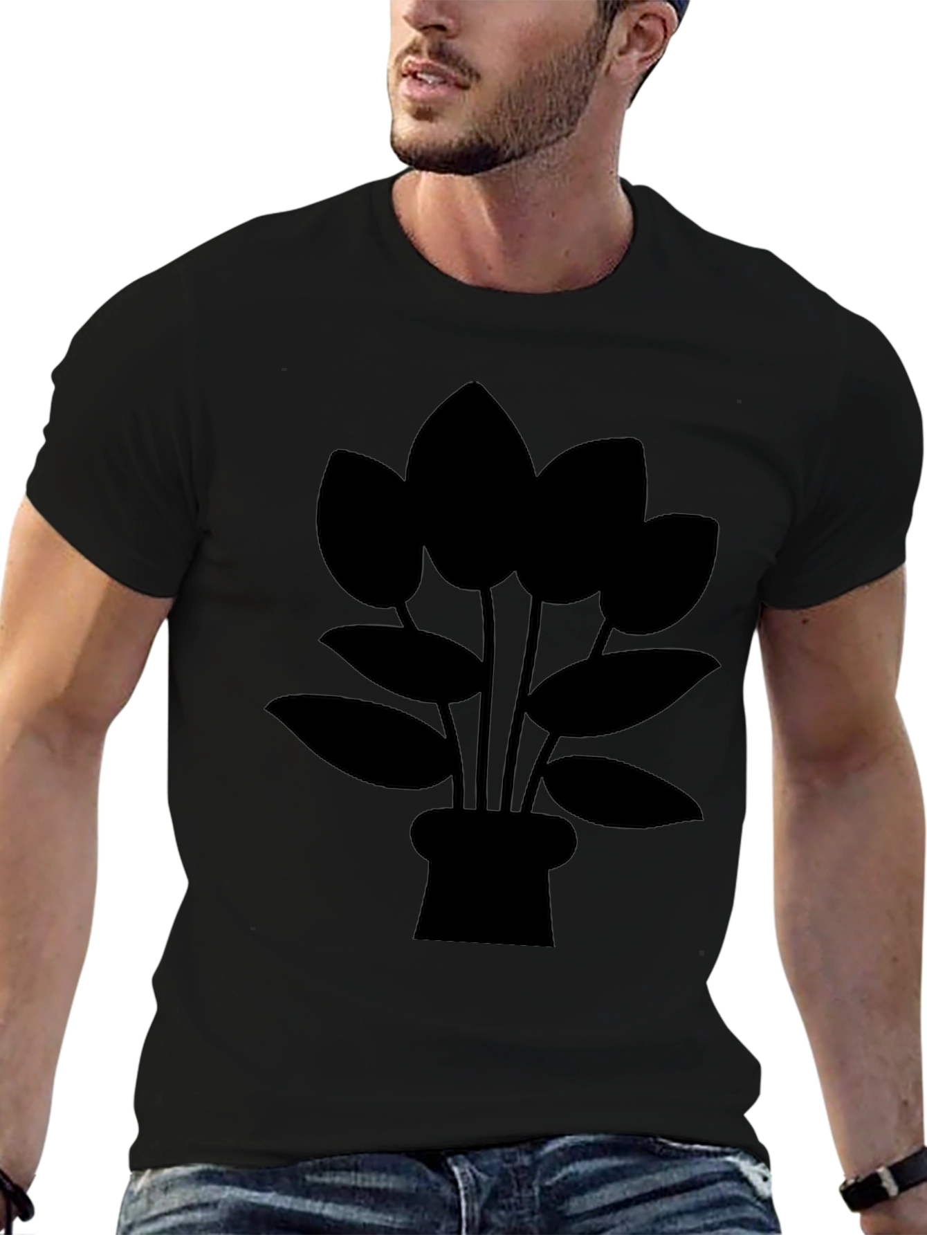 Black T-Shirt with Potted Plant Graphic