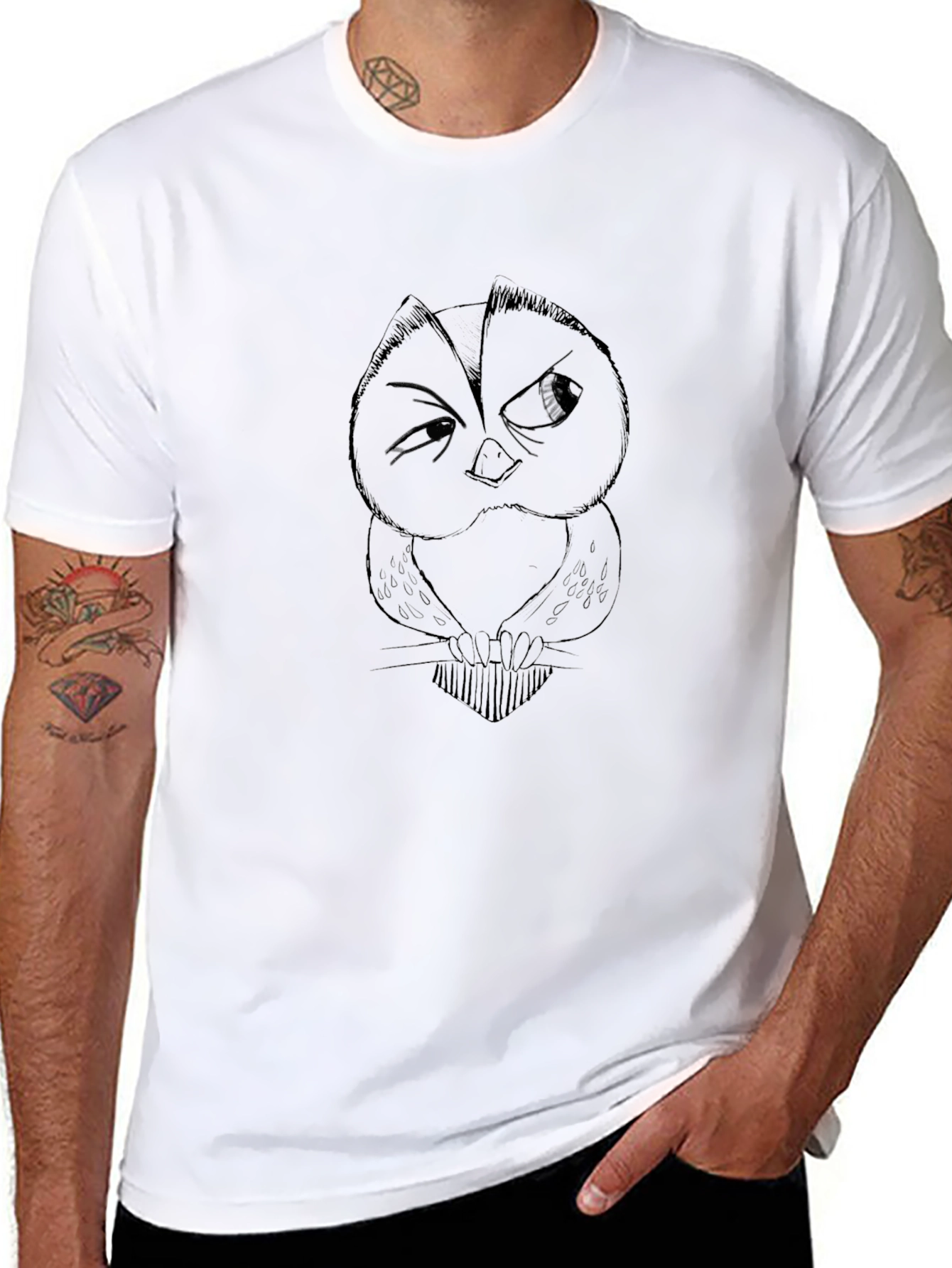Mens Black Graphic Tee - Owl Design