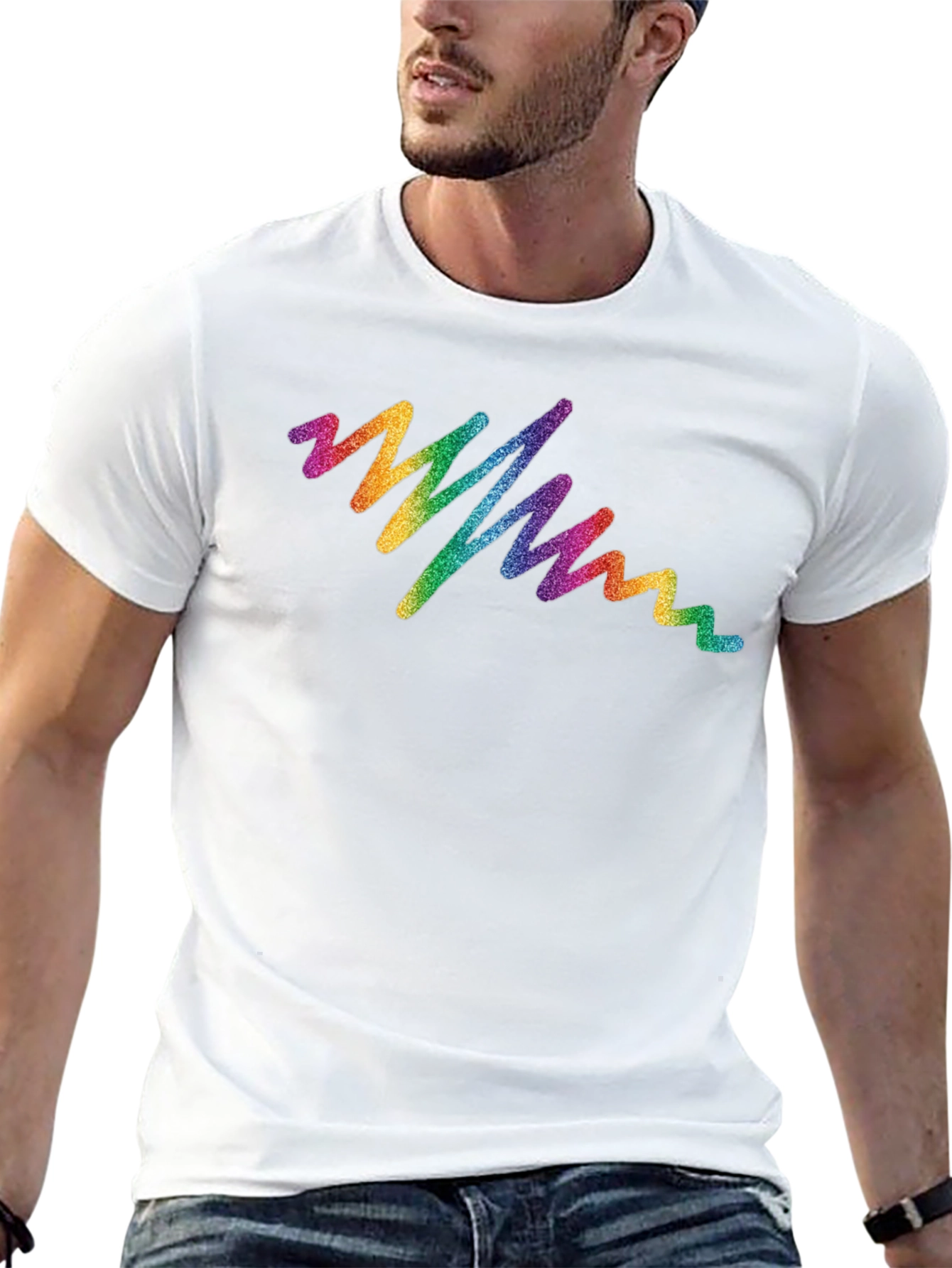 Rainbow Glitter Wave Graphic Tee - Black Cotton T-Shirt