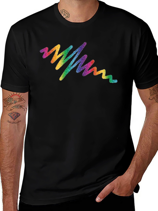 Rainbow Glitter Wave Graphic Tee - Black Cotton T-Shirt