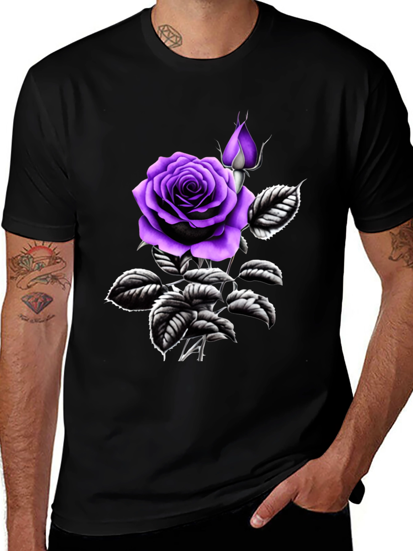 Black T-Shirt with Purple Rose Graphic