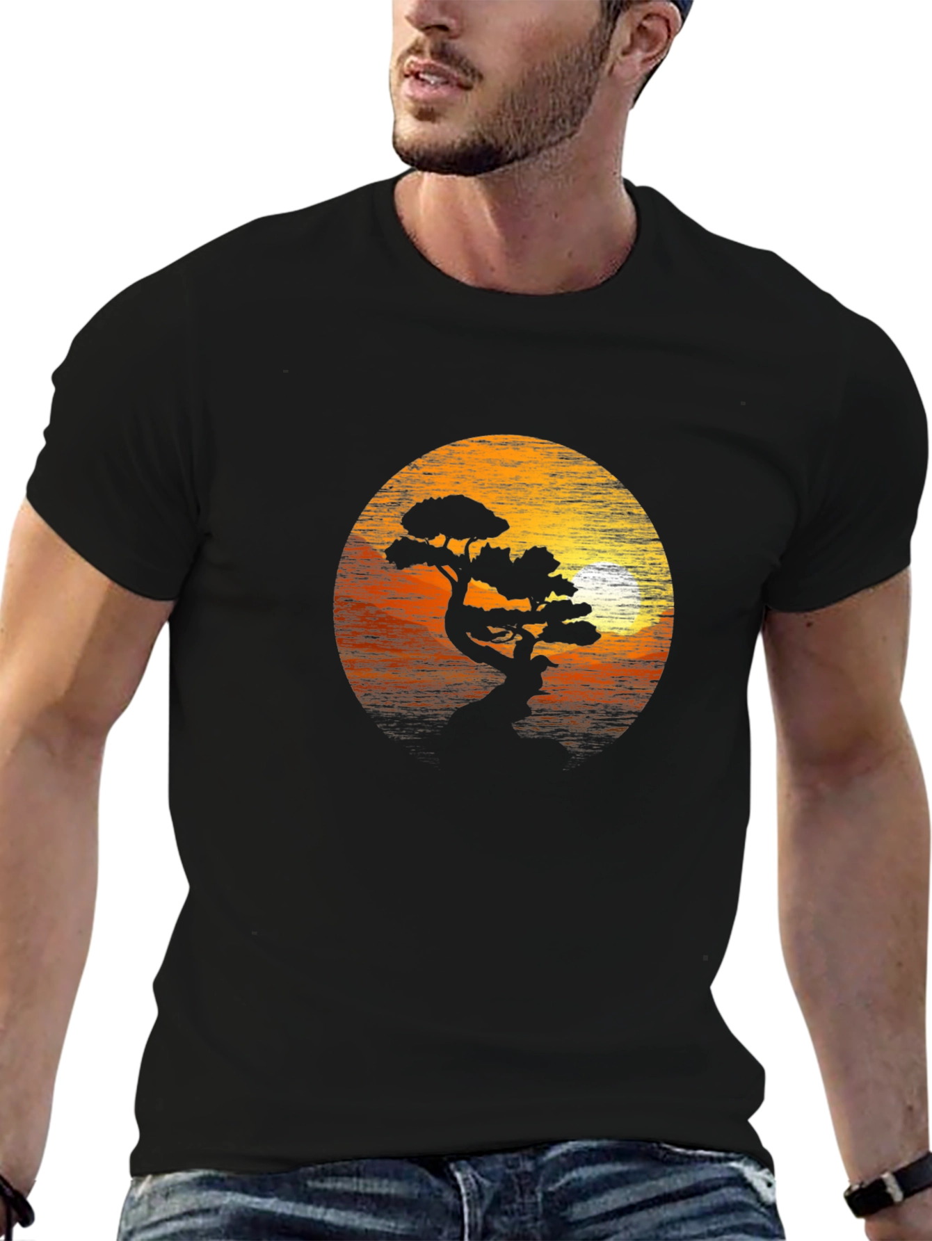 Sunset Bonsai Tree Graphic Tee - Black